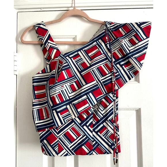 CARVEN Geometric One-Shoulder Ruffle Abstract Top Blouse Red White Blue Nautical - Picture 2 of 5